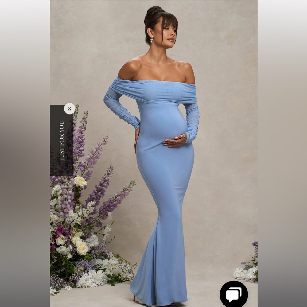 Club L London Pretty Perfect Powder Blue Maternity Ruched Mesh Bardot Maxi Dress